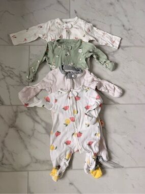 4-Pack Baby Footed Sleepers - Strawberry & Floral Prints - White, Green, Pink